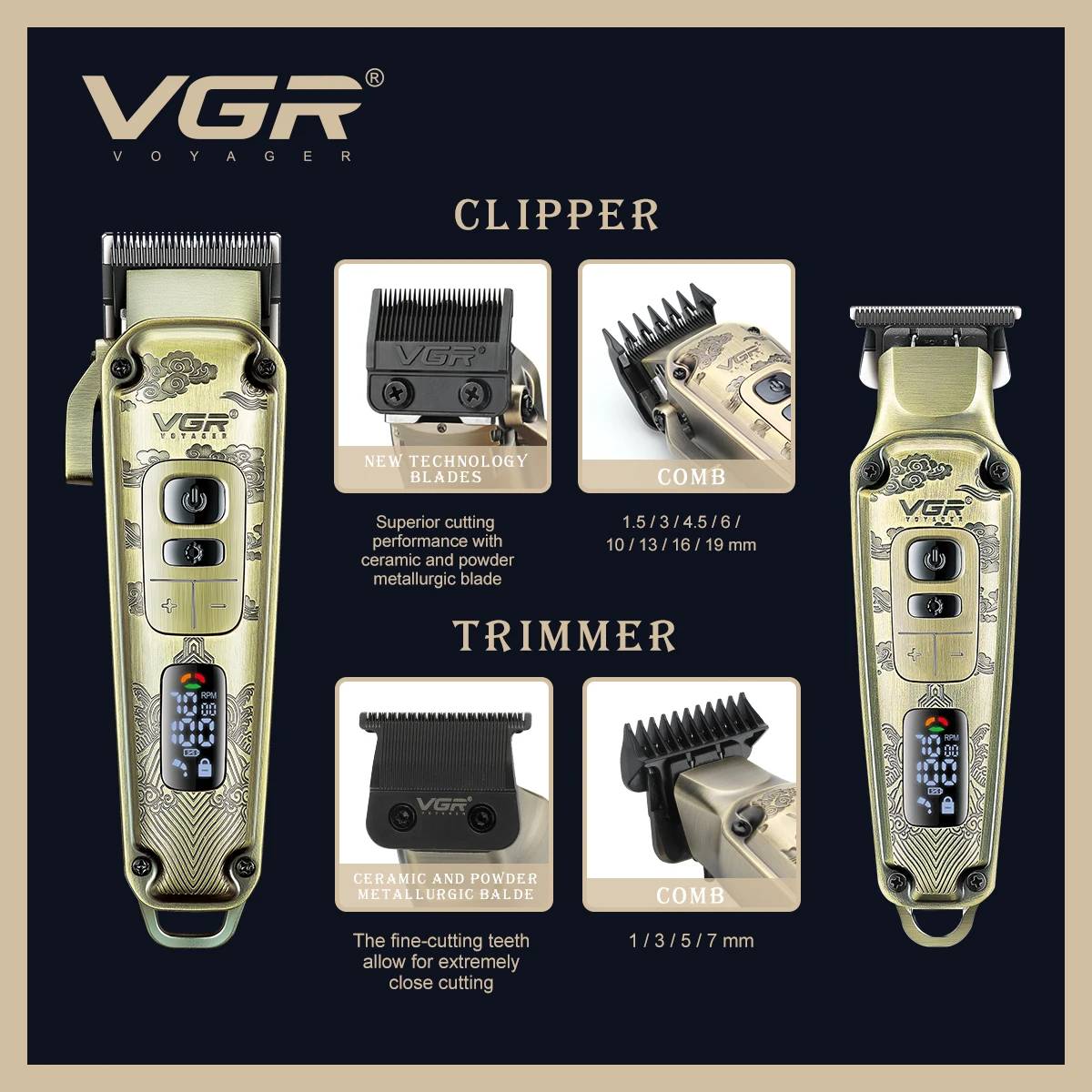 Tondeuse Professionnelle Rechargeable VGR V-643 – Lame Céramique, 250min d'Autonomie