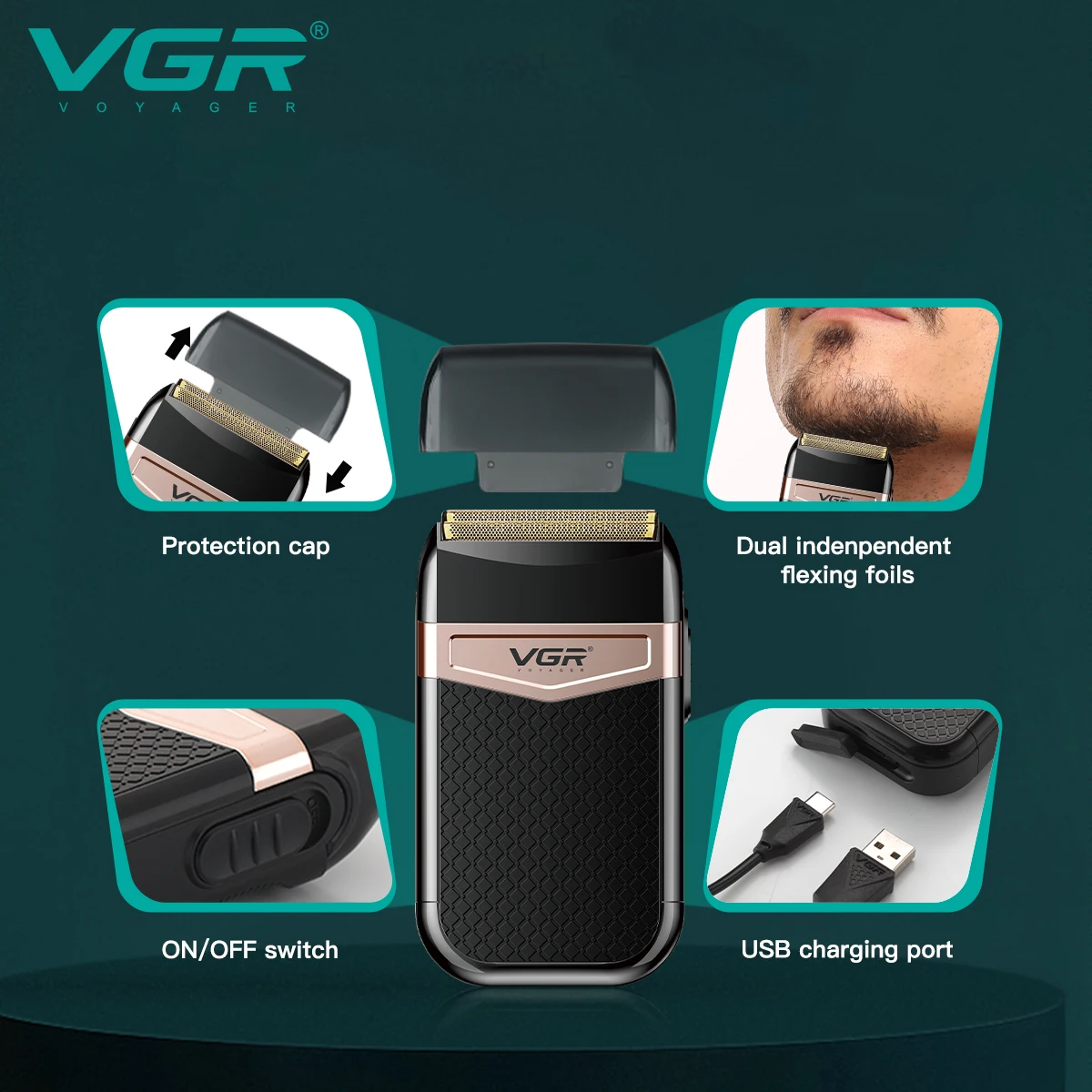 VGR V-331 Rasoir Électrique Rechargeable USB Lame Simple – Taille Barbe Professionnel