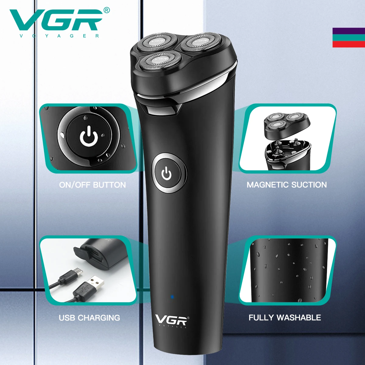 Rasoir Électrique VGR V-319 | Triple Lame 3D | Rechargeable USB | Étanche 90min