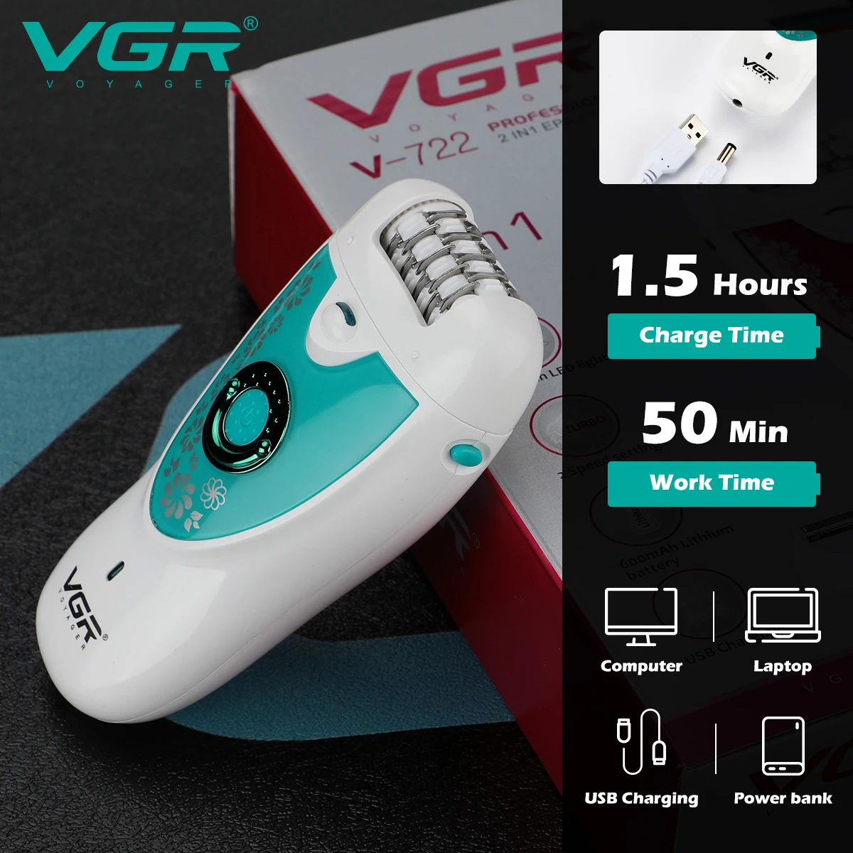 VGR V-722 Épilateur Électrique 2 en 1 Rechargeable USB – Épilation Douce & Efficace