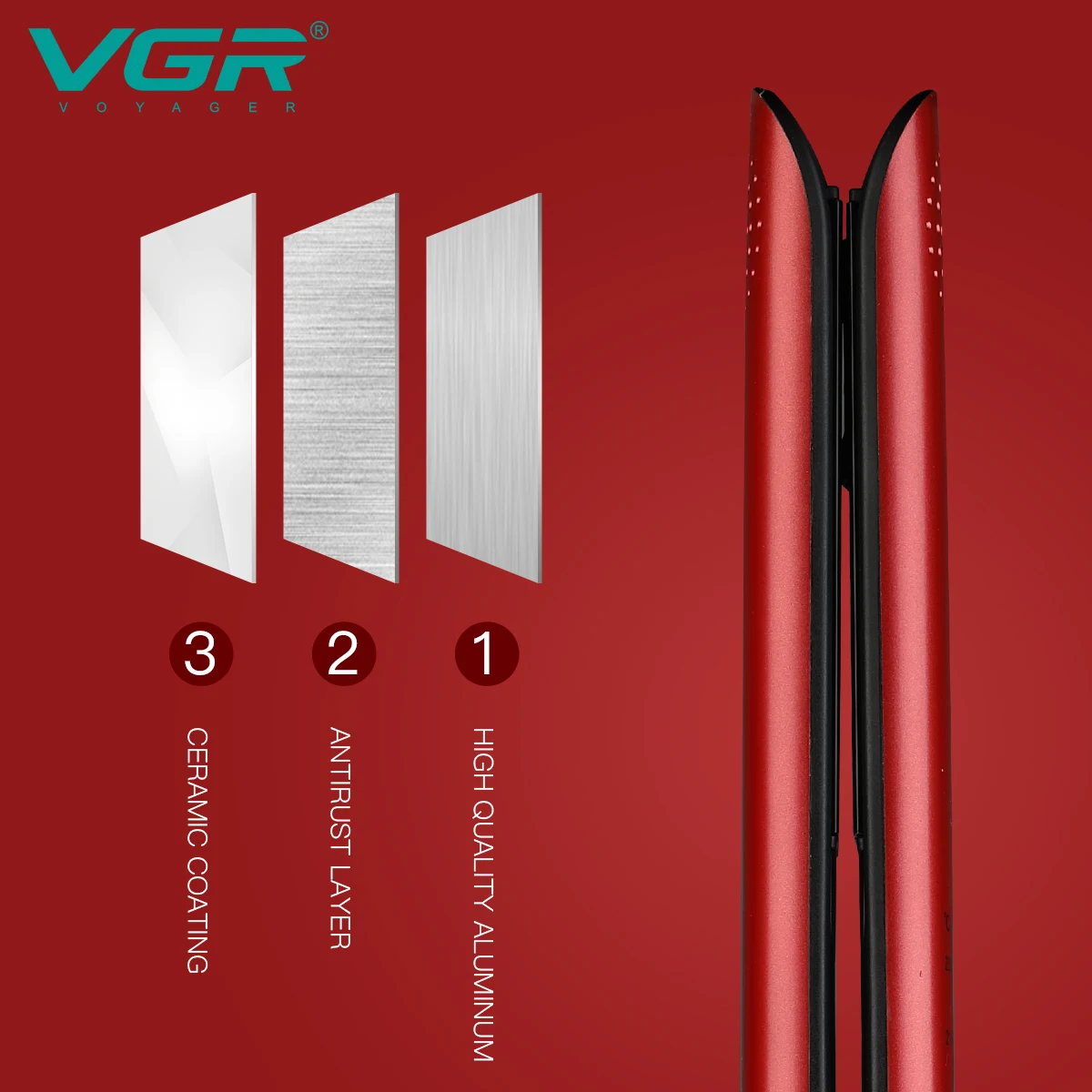 Lisseur Professionnel VGR V-556R Céramique Rouge – Affichage LED & Protection Auto-Off