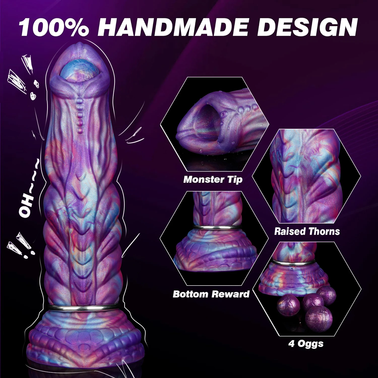 Gode Monster Ovipositor avec 4 Œufs – Silicone, Ventouse, Étanche 100%, Violet