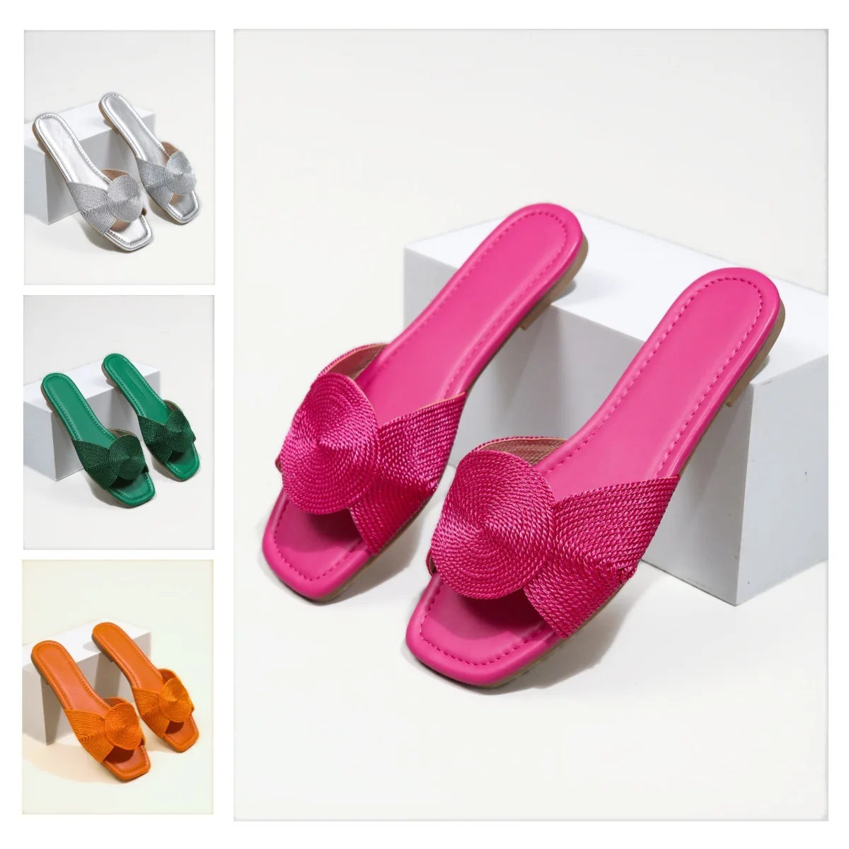 Sandales plates tissées métalliques femme – Bout ouvert, antidérapantes, tendance été 2025
