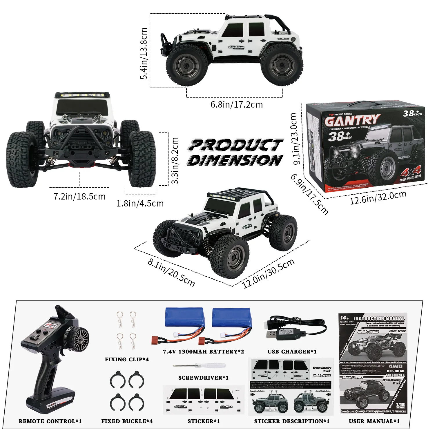 Voiture RC 4x4 Télécommandée 1/16 – Haute Vitesse, Lumières LED, Tout-Terrain