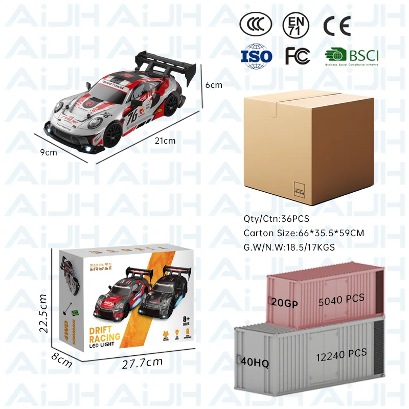 Voiture RC Drift AiJH 1:24 – Lumières LED, 4 Canaux, Prêt à Rouler