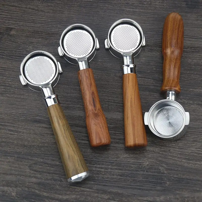 Porte-filtre à café inox 51/54/58mm double bec manche bois – 2 tasses