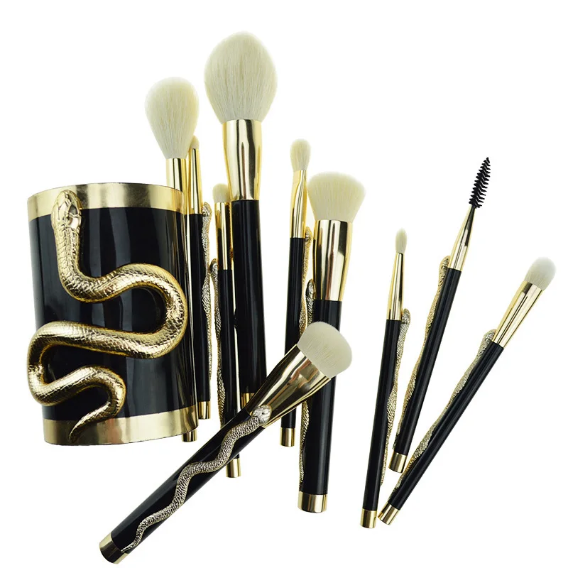 Set 10 Pinceaux Maquillage Professionnels + Seau en Cuir PU – Poils Synthétiques Doux