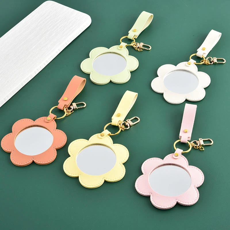 Miroir de poche fleur en cuir PU avec porte-clés – Cadeau femme personnalisable