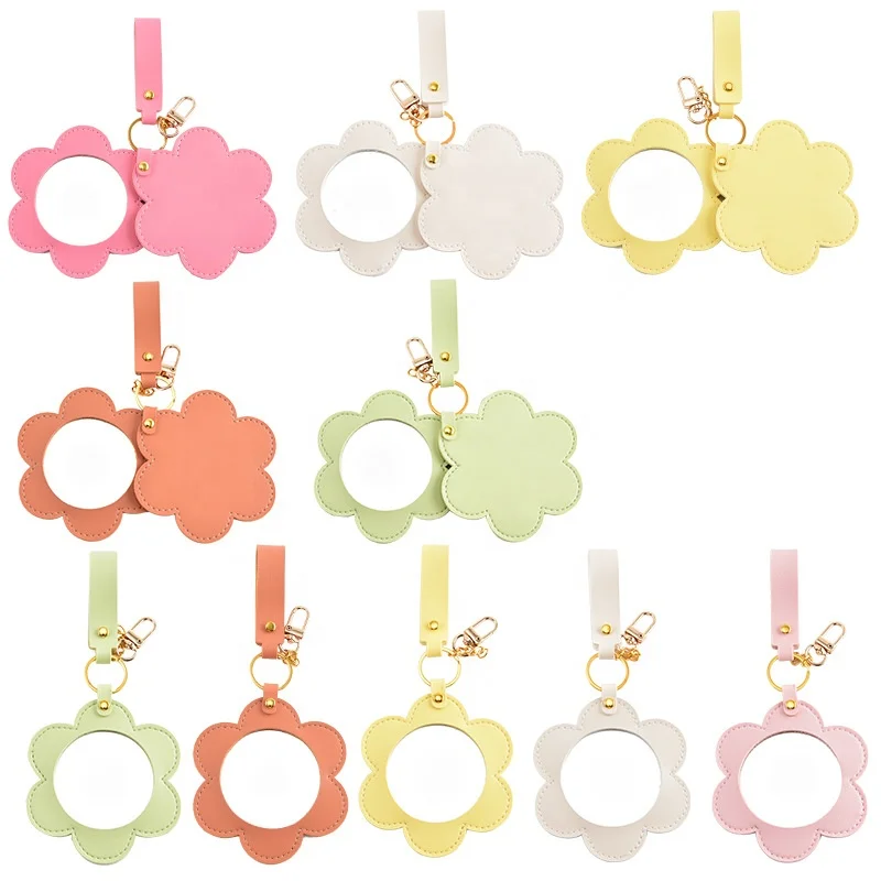 Miroir de poche fleur en cuir PU avec porte-clés – Cadeau femme personnalisable