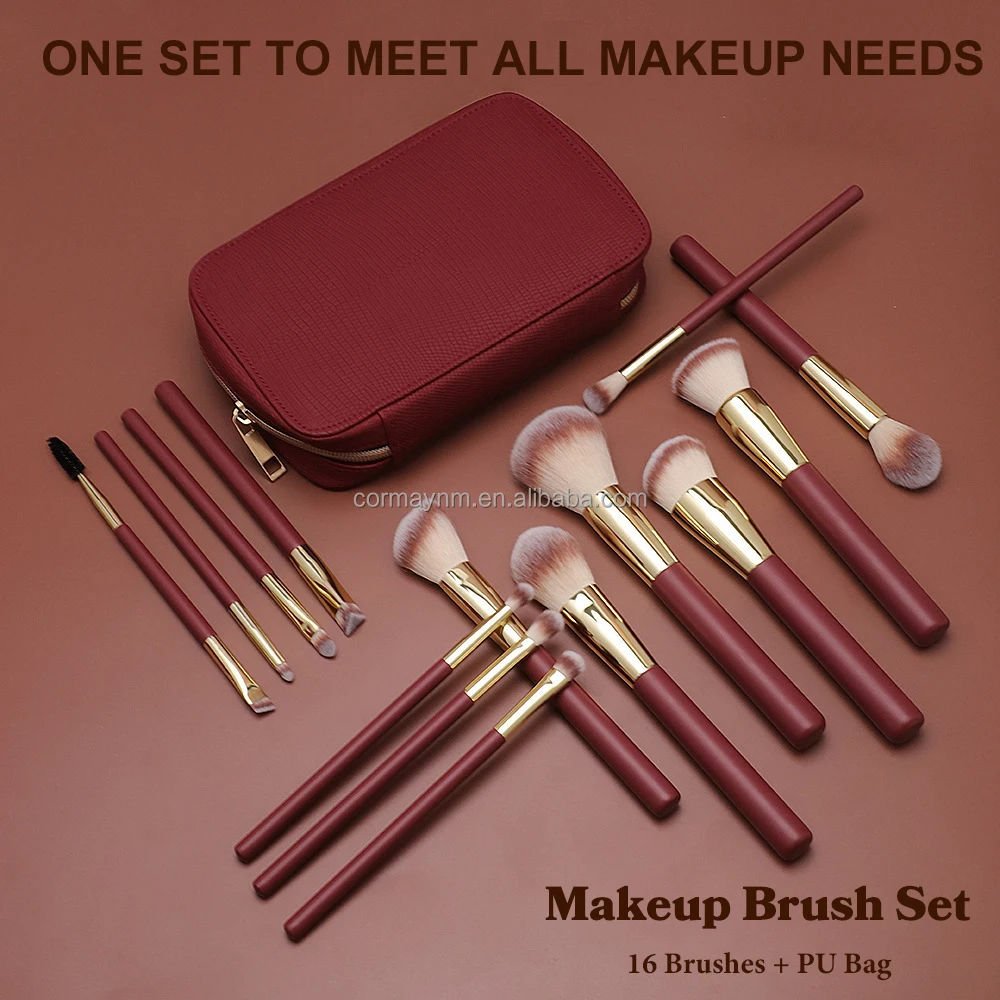 Set 16 Pinceaux Maquillage Professionnels Vegan Rouge Vin + Sac – Poils Synthétiques