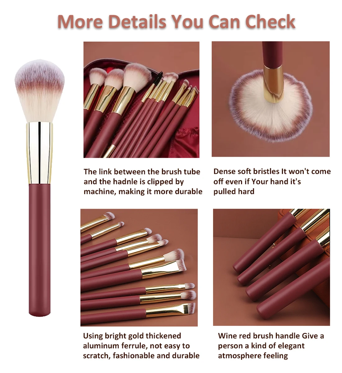 Set 16 Pinceaux Maquillage Professionnels Vegan Rouge Vin + Sac – Poils Synthétiques