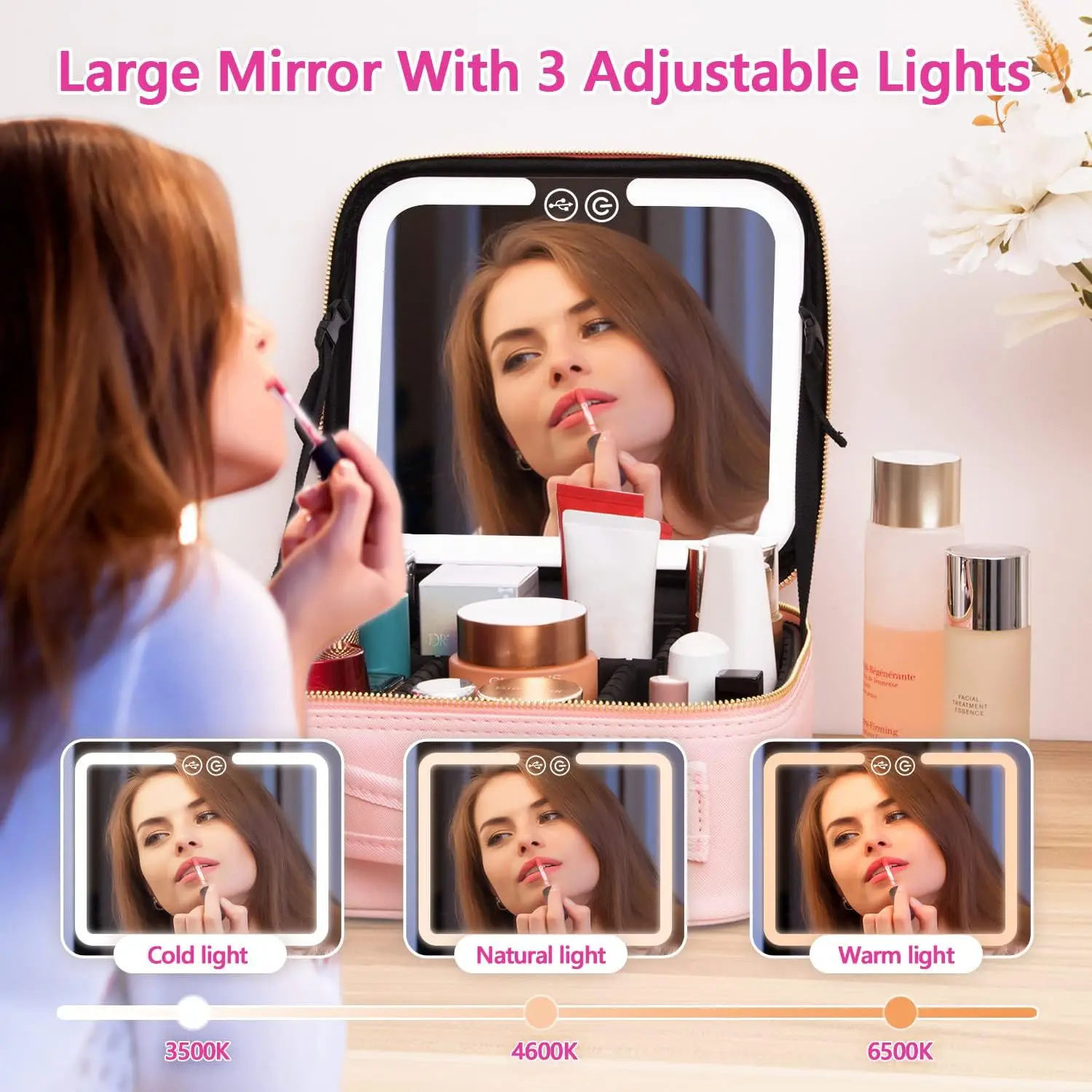 Sac Organisateur Maquillage Grande Capacité avec Miroir LED & Compartiments Réglables