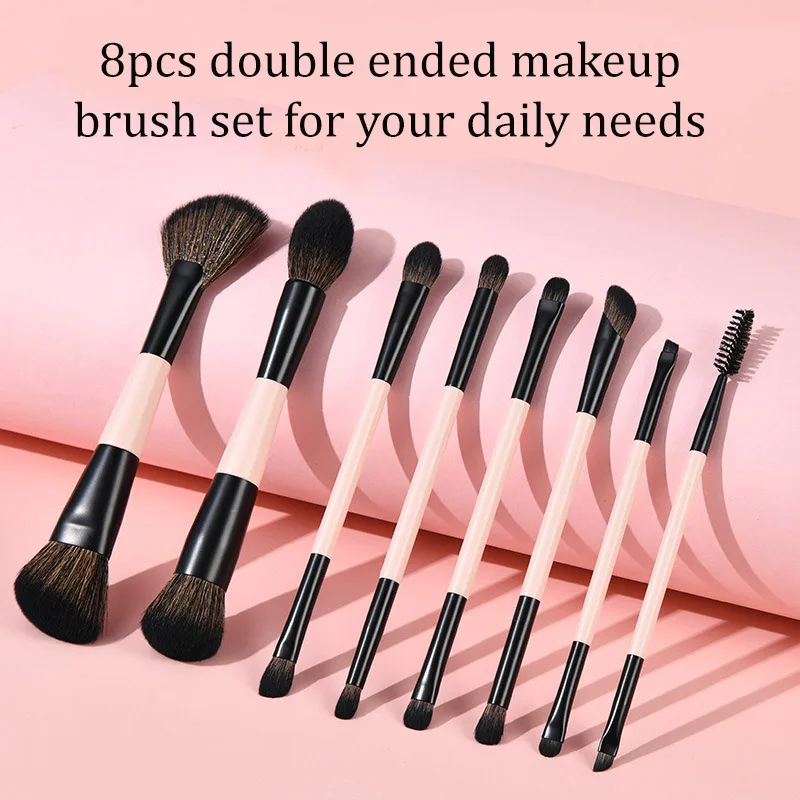 Set 8 Pinceaux Maquillage Double Embout Professionnels – Fibres Ultra-Douces, Manche en Bois
