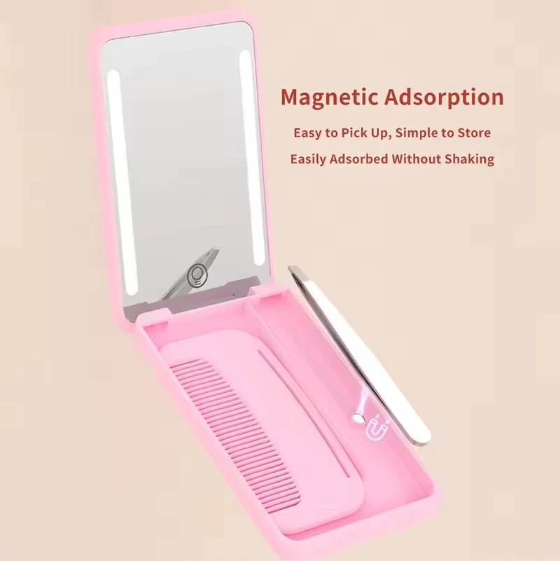 Miroir LED Pliant avec Peigne & Pince à Épiler – Rechargeable USB, 4 Couleurs