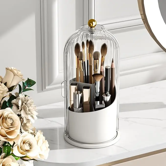 Organisateur Maquillage Rotatif avec Couvercle – Design Pierre, Imperméable & Anti-Poussière