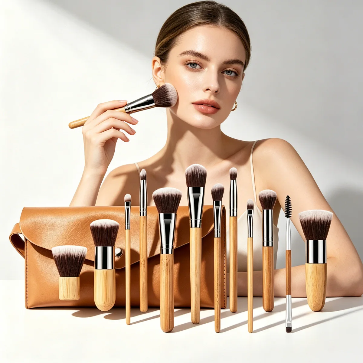 Set 12 Pinceaux Maquillage Professionnels Manche Bambou Poils Nylon Vegan