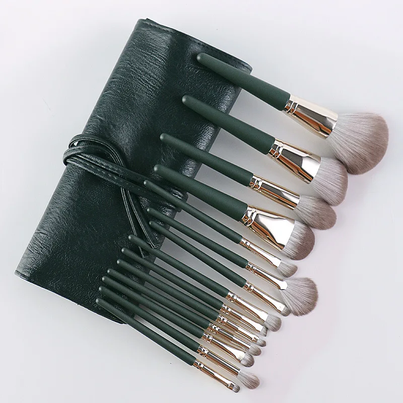 Set 14 Pinceaux Maquillage Vegan Verts – Poils Synthétiques Doux & Manche en Bois