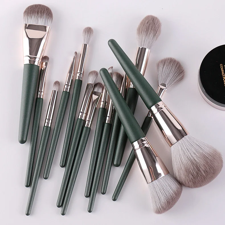 Set 14 Pinceaux Maquillage Vegan Verts – Poils Synthétiques Doux & Manche en Bois