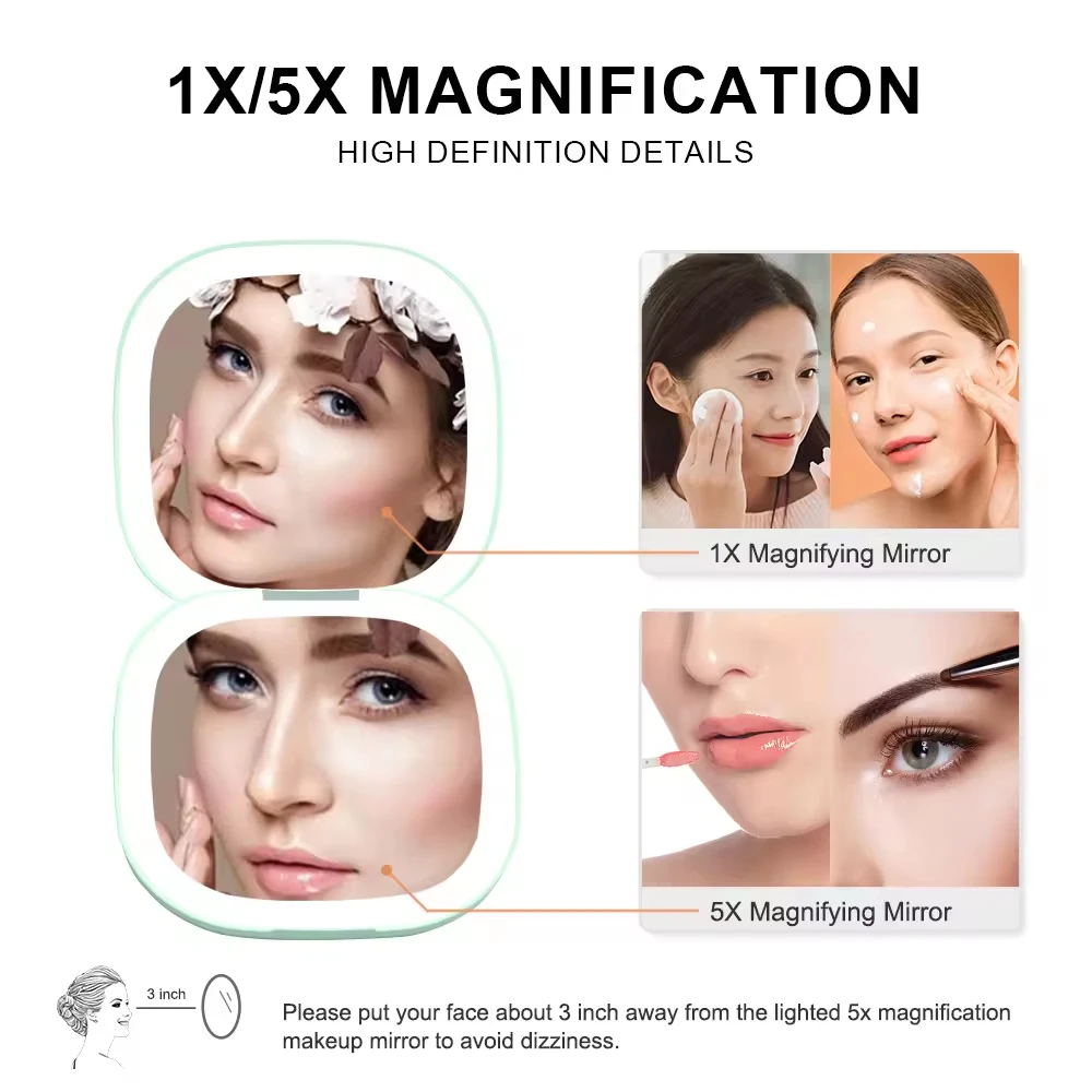 Miroir compact double face LED grossissant 10X pliable – Maquillage parfait en voyage