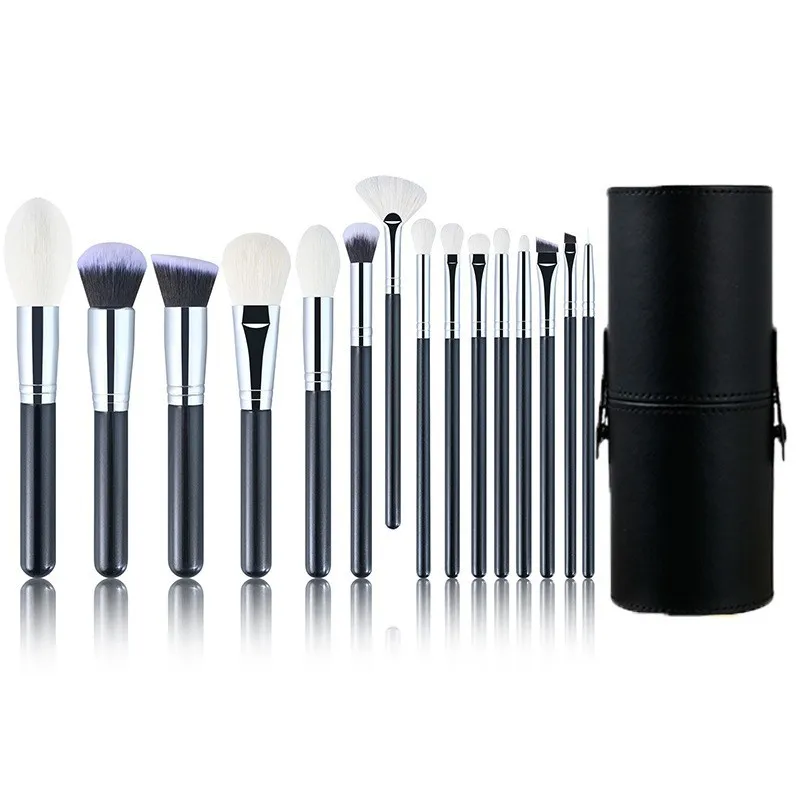Ensemble 15 Pinceaux de Maquillage Professionnels en Poils de Chèvre – Visage & Yeux