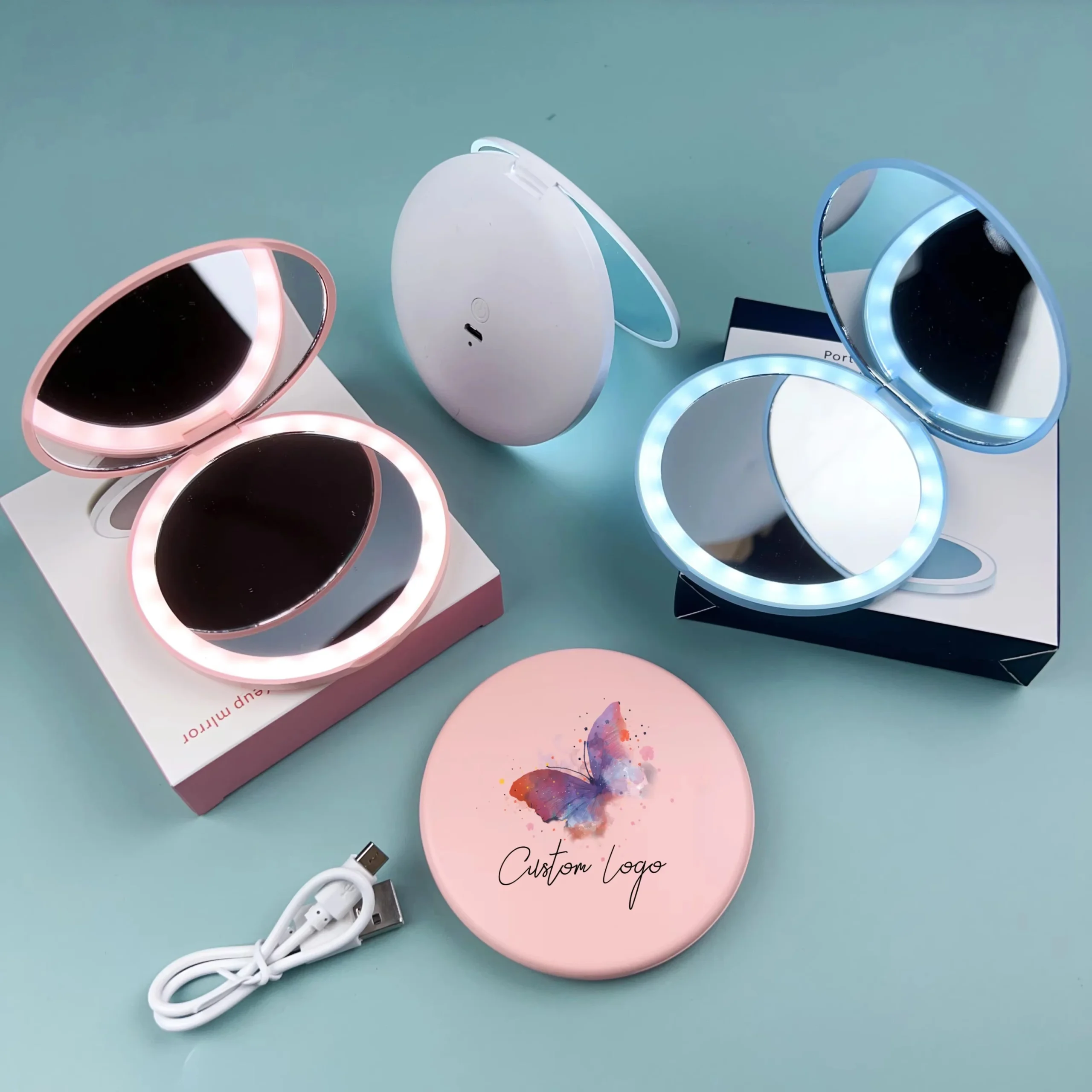 Miroir de poche compact LED rechargeable USB – Double face pliable