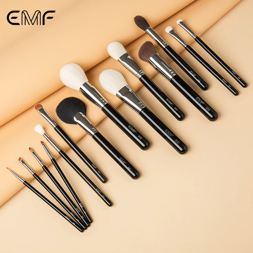 EMF Set 14 Pinceaux Maquillage Professionnels Poils Doux Manche Bois Virole Cuivre