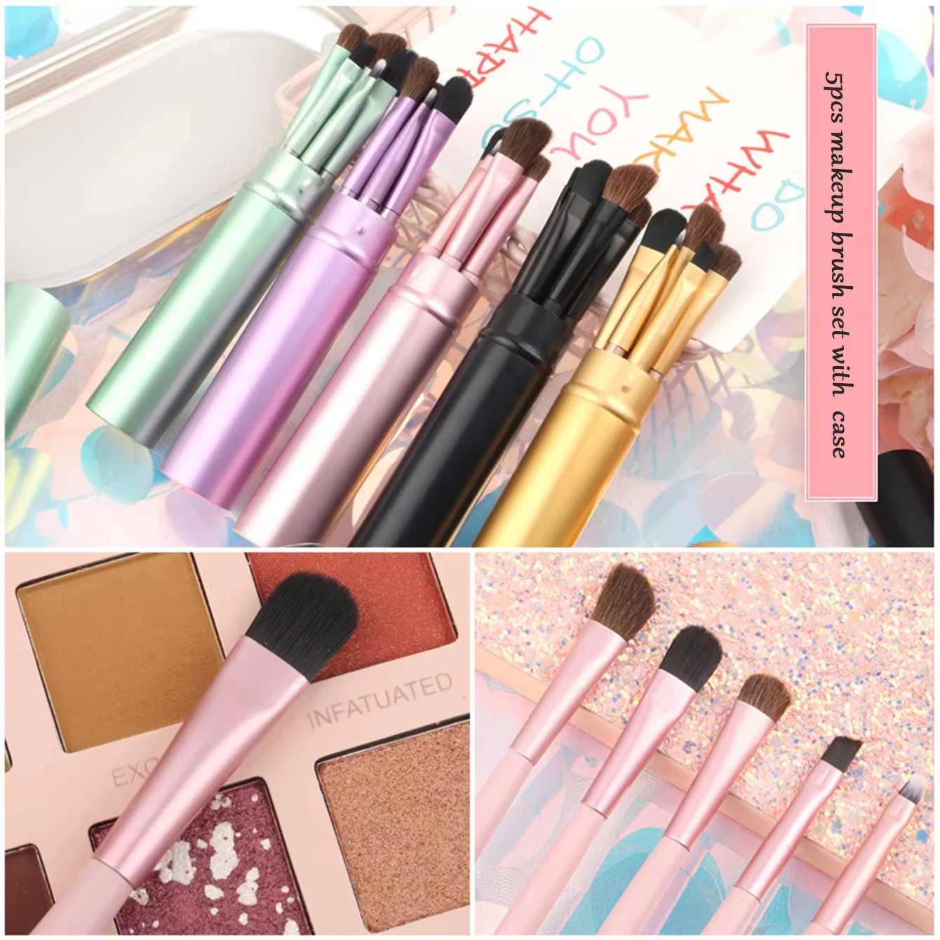 Ensemble 5 Pinceaux de Maquillage Miniatures Portables – Yeux, Sourcils & Teint