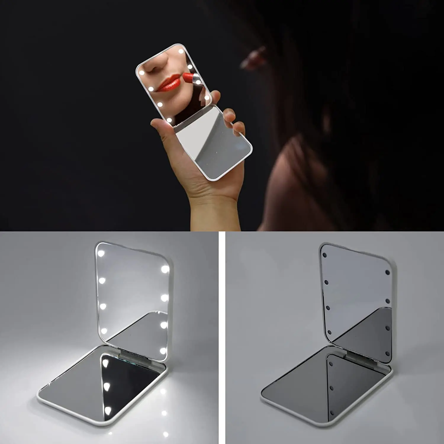 Miroir de poche LED grossissant 2X pliable | Éclairé & compact