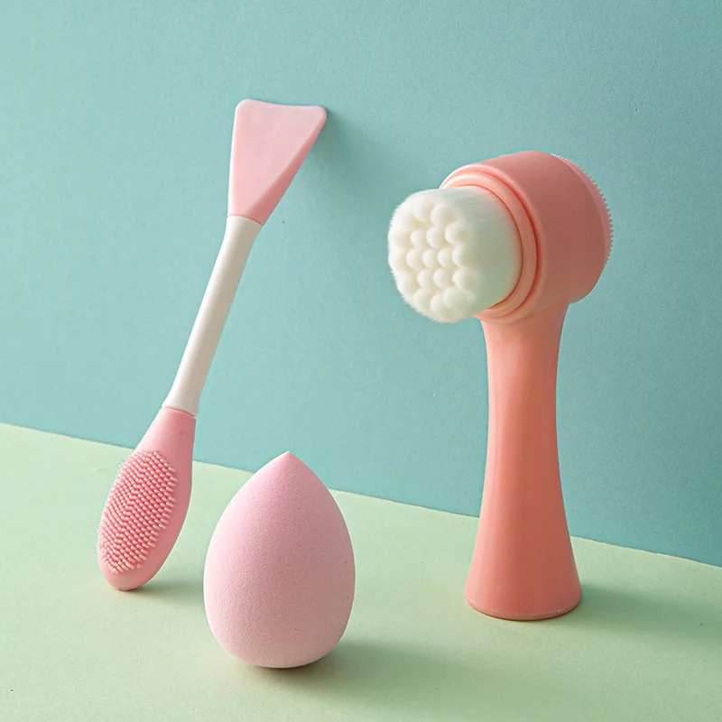 Set Brosse & Éponge Maquillage en Silicone Double Tête – Nettoyage Visage Facile