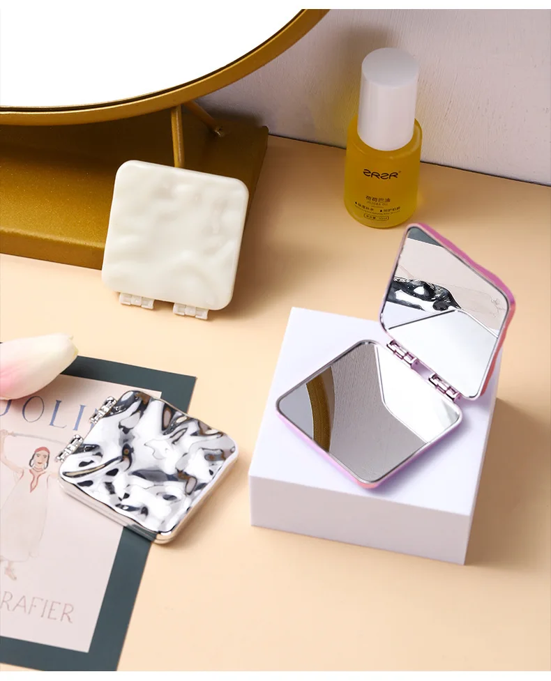 Miroir de poche double face pliable carré – Style luxe électroplaqué