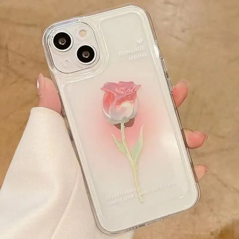 Coque iPhone TPU Transparente Motif Rose & Tulipe – Protection Objectif Intégrée (11 au 17)