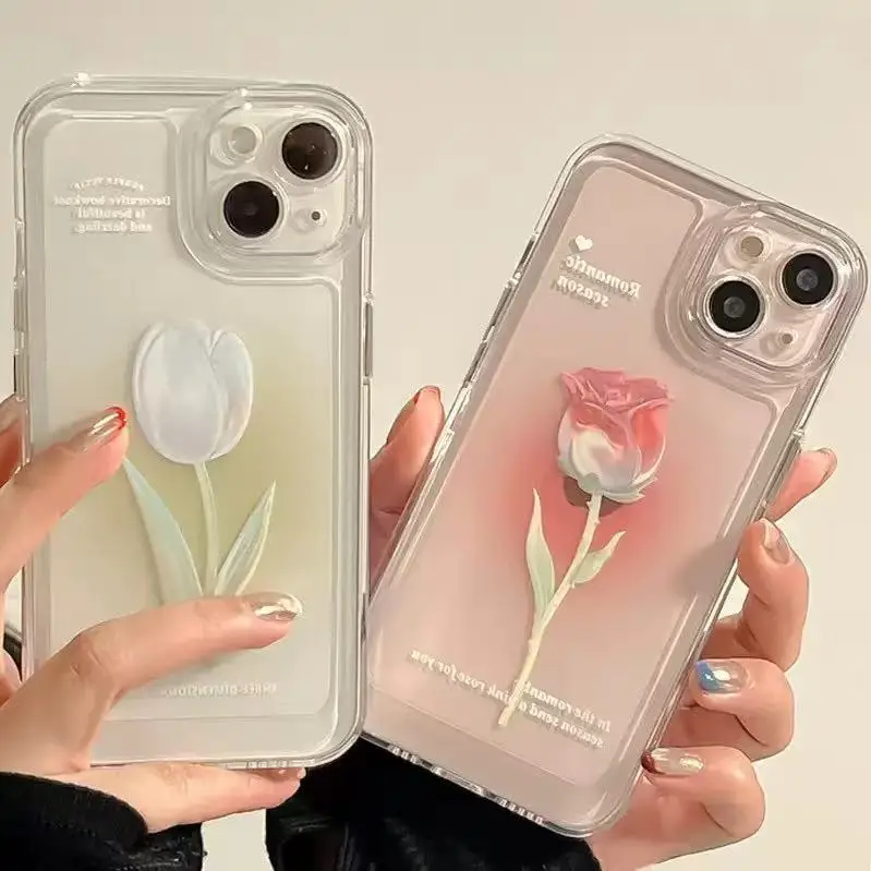 Coque iPhone TPU Transparente Motif Rose & Tulipe – Protection Objectif Intégrée (11 au 17)