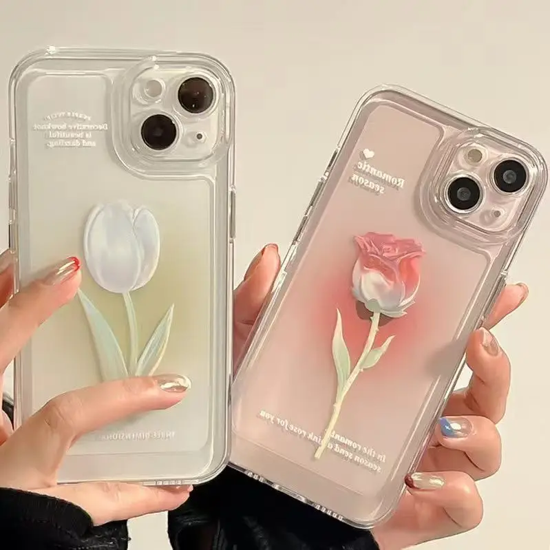 Coque iPhone TPU Transparente Motif Rose & Tulipe – Protection Objectif Intégrée (11 au 17)