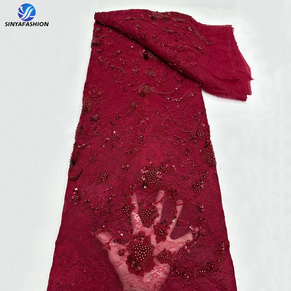 Sinya TM36077 | Tissu dentelle de luxe rouge brodé perles & sequins africains