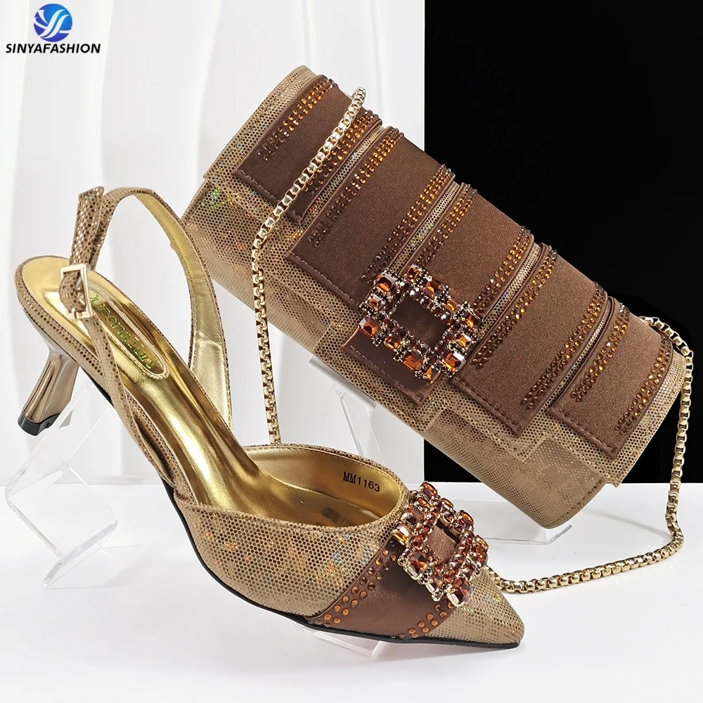 Ensemble Chaussures & Sac Luxe Sinya Or | Talons Aiguilles Bout Pointu Strass Femme