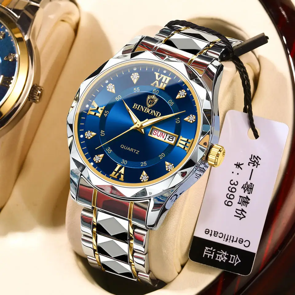 Montre Binbond 2521 Homme Quartz Étanche Lumineuse Double Calendrier Boîtier Acier