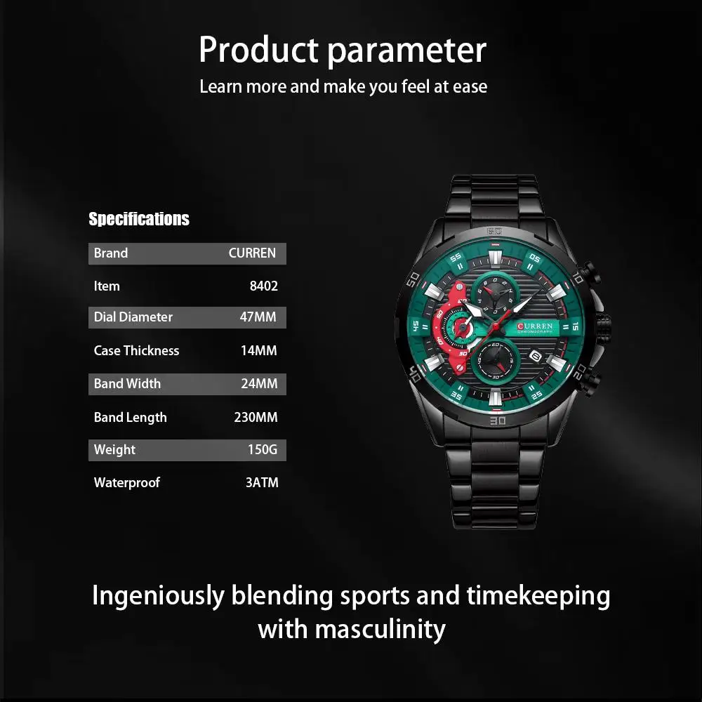 Montre Homme CURREN 8402 | Acier Inoxydable | Quartz | Aiguilles Lumineuses | Élégante
