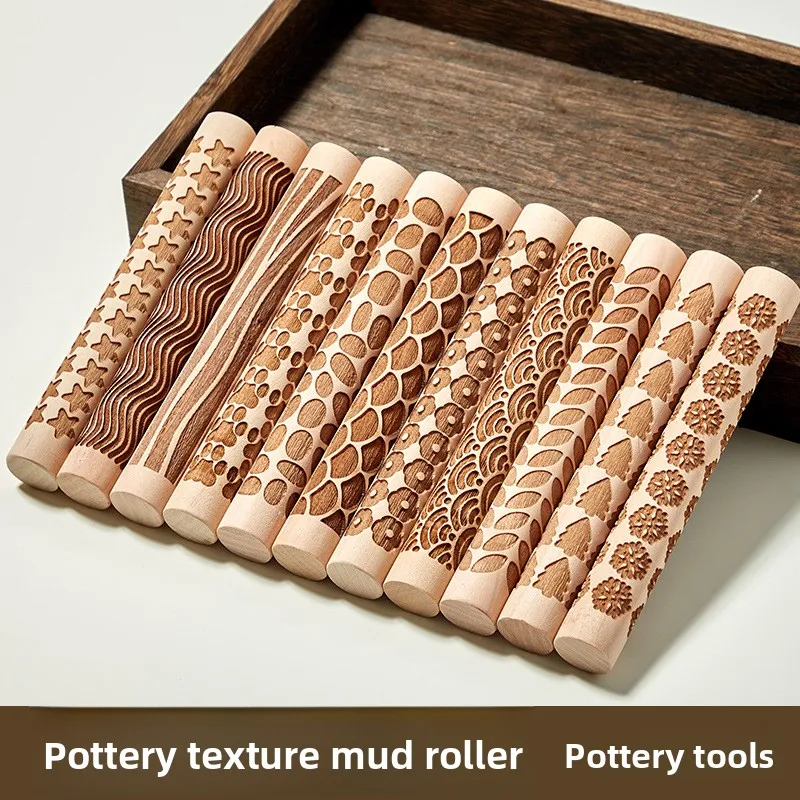 Rouleau à Pâte Texturé XinyiArt en Bois de Bouleau – Set 11 Pièces pour Poterie & Argile
