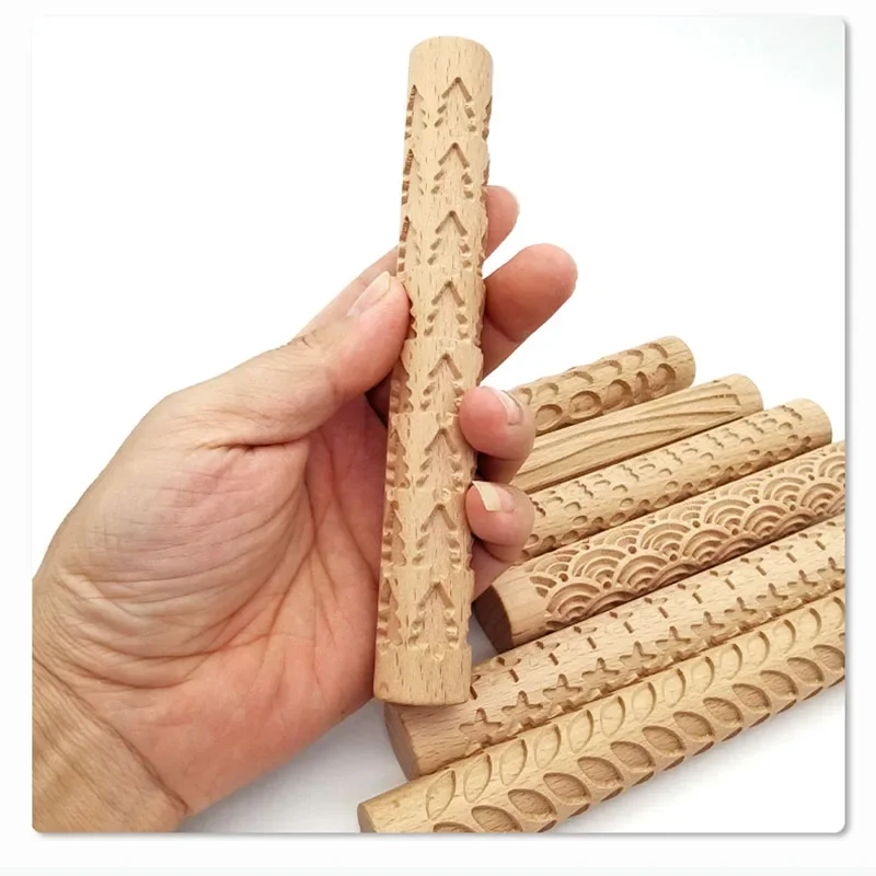 Rouleau Texturé en Bois de Hêtre pour Argile & Poterie – Motif Grain de Bois 15x2cm