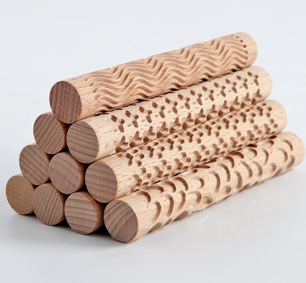 Rouleau Texturé en Bois de Hêtre pour Argile & Poterie – Motif Grain de Bois 15x2cm