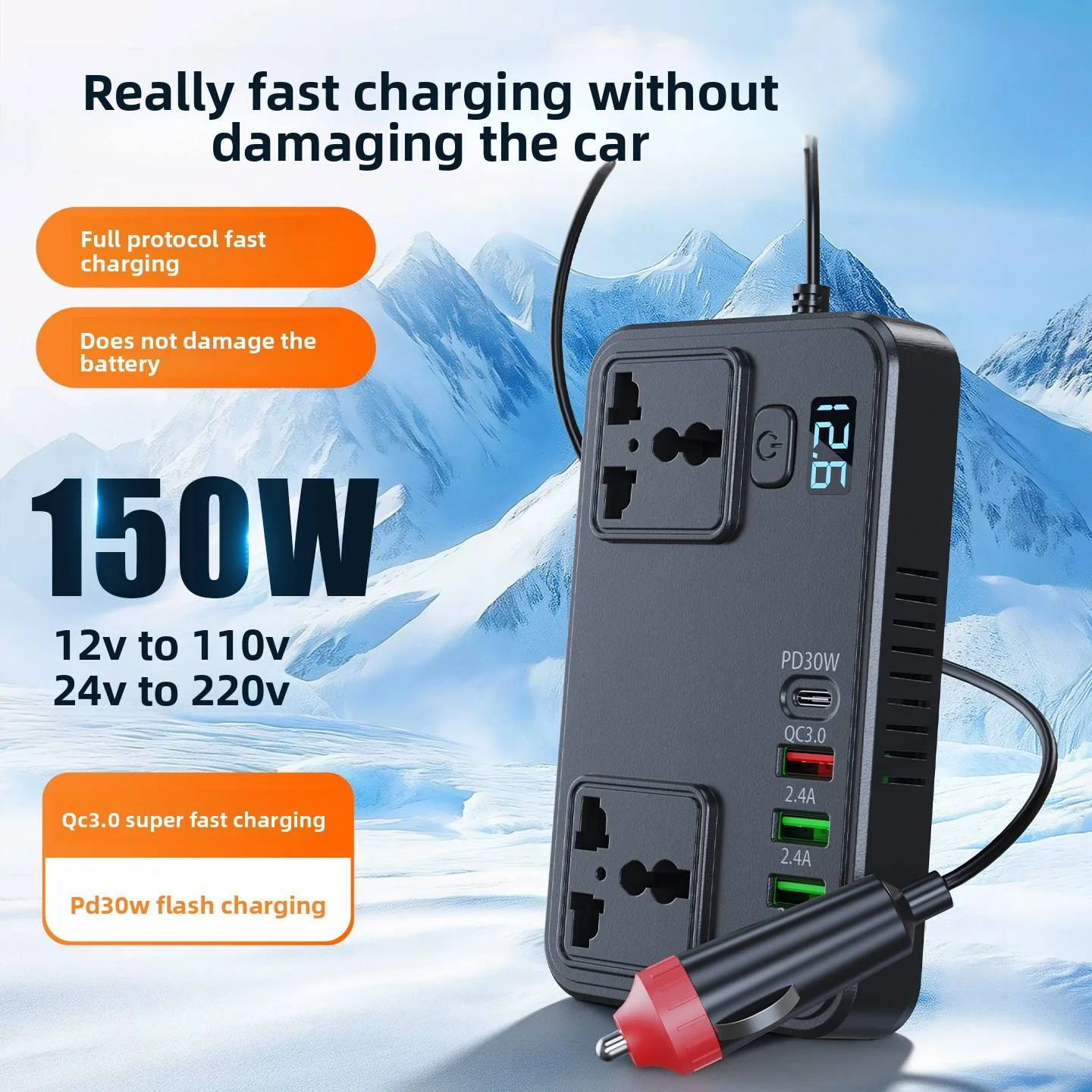 Convertisseur de voiture 150W 12V/24V→220V avec ports USB Type-C et voltmètre intégré