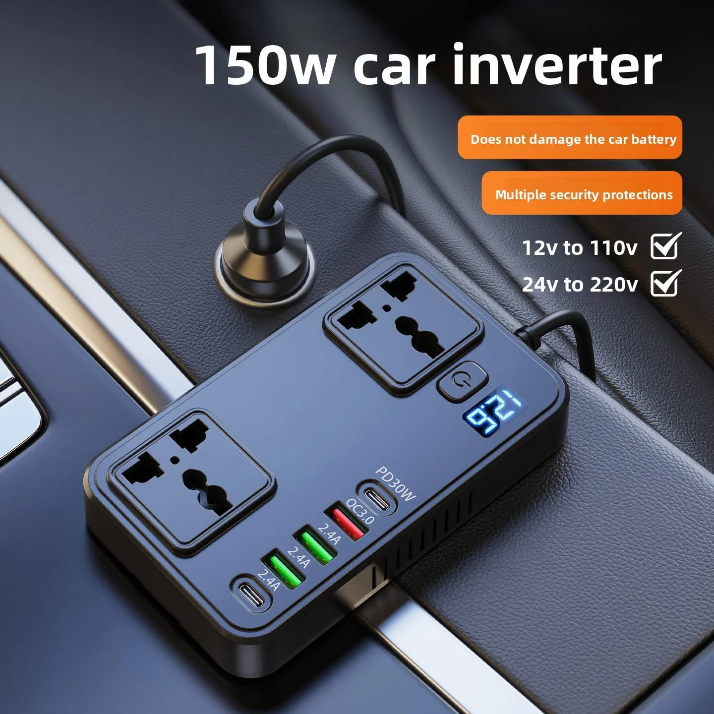 Convertisseur de voiture 150W 12V/24V→220V avec ports USB Type-C et voltmètre intégré