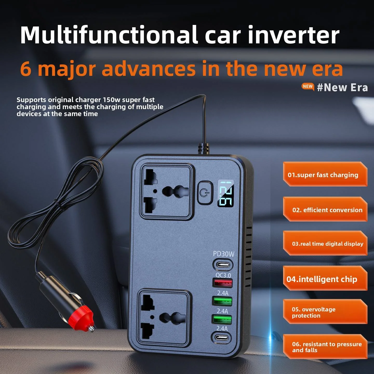 Convertisseur de voiture 150W 12V/24V→220V avec ports USB Type-C et voltmètre intégré