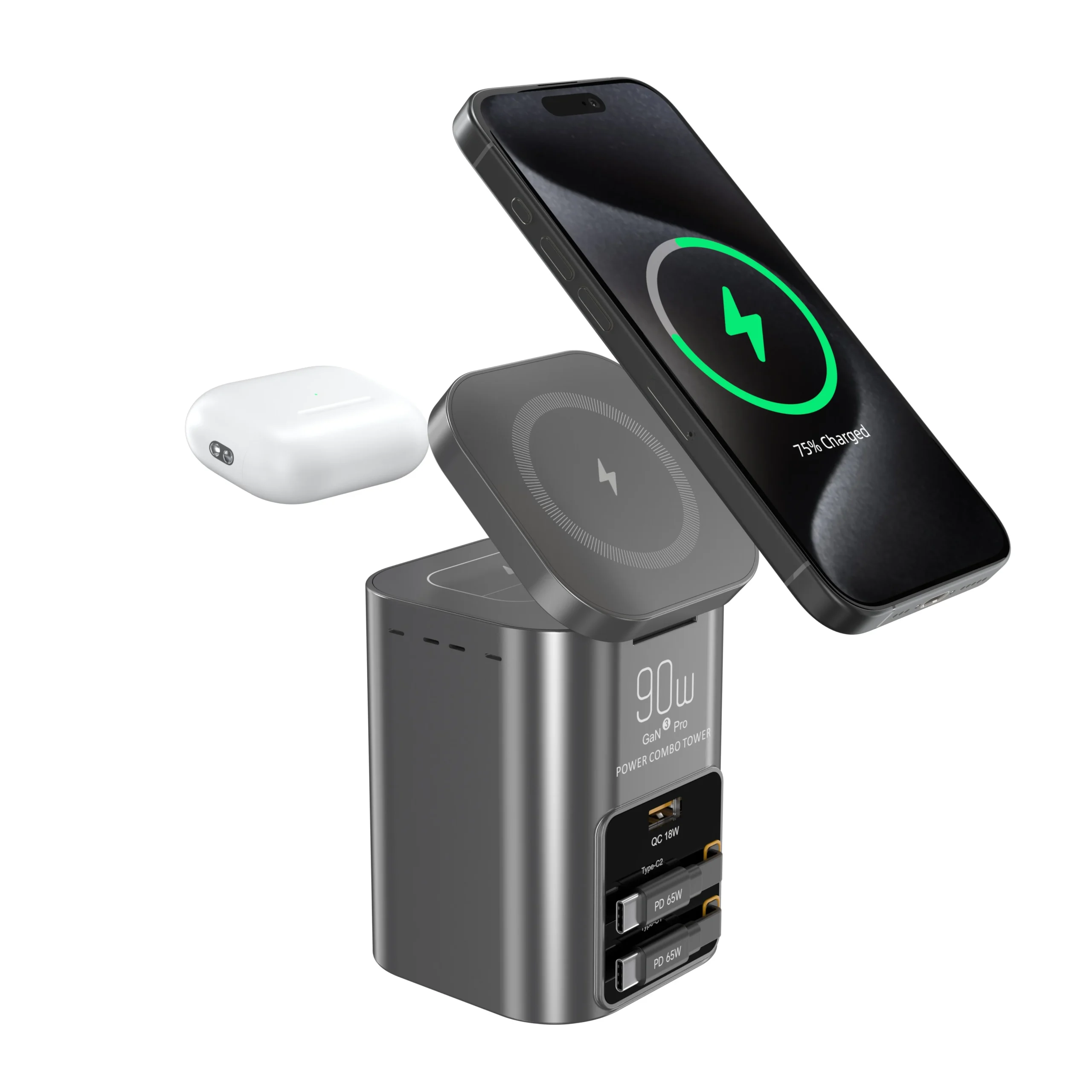 Station de Charge Rapide 90W Sans Fil Bureau – 2 Câbles USB-C Rétractables + Magnétique
