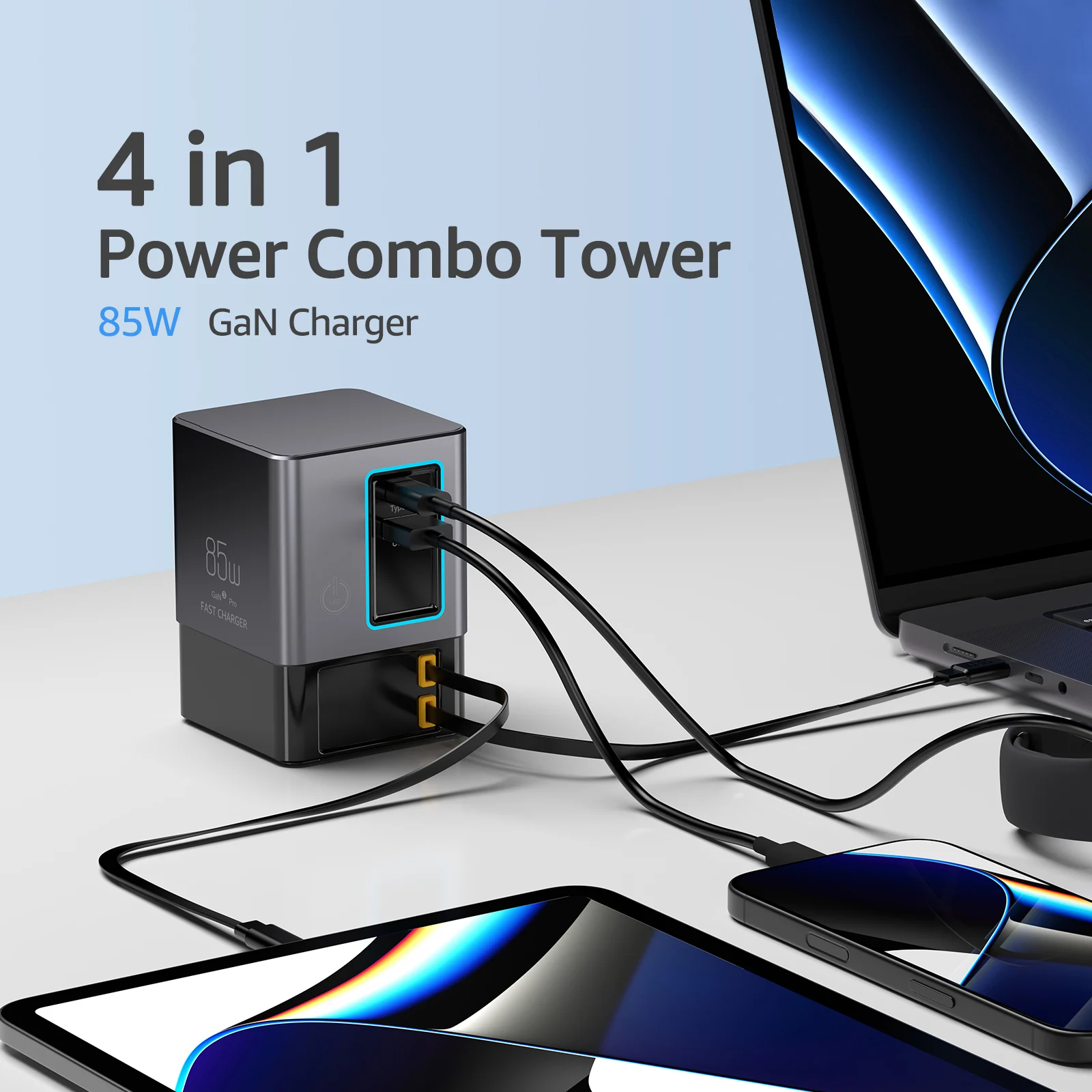 Station de Charge GaN 85W PowerCombo – Hub USB-C Rétractable Charge Rapide 65W Multi-appareils