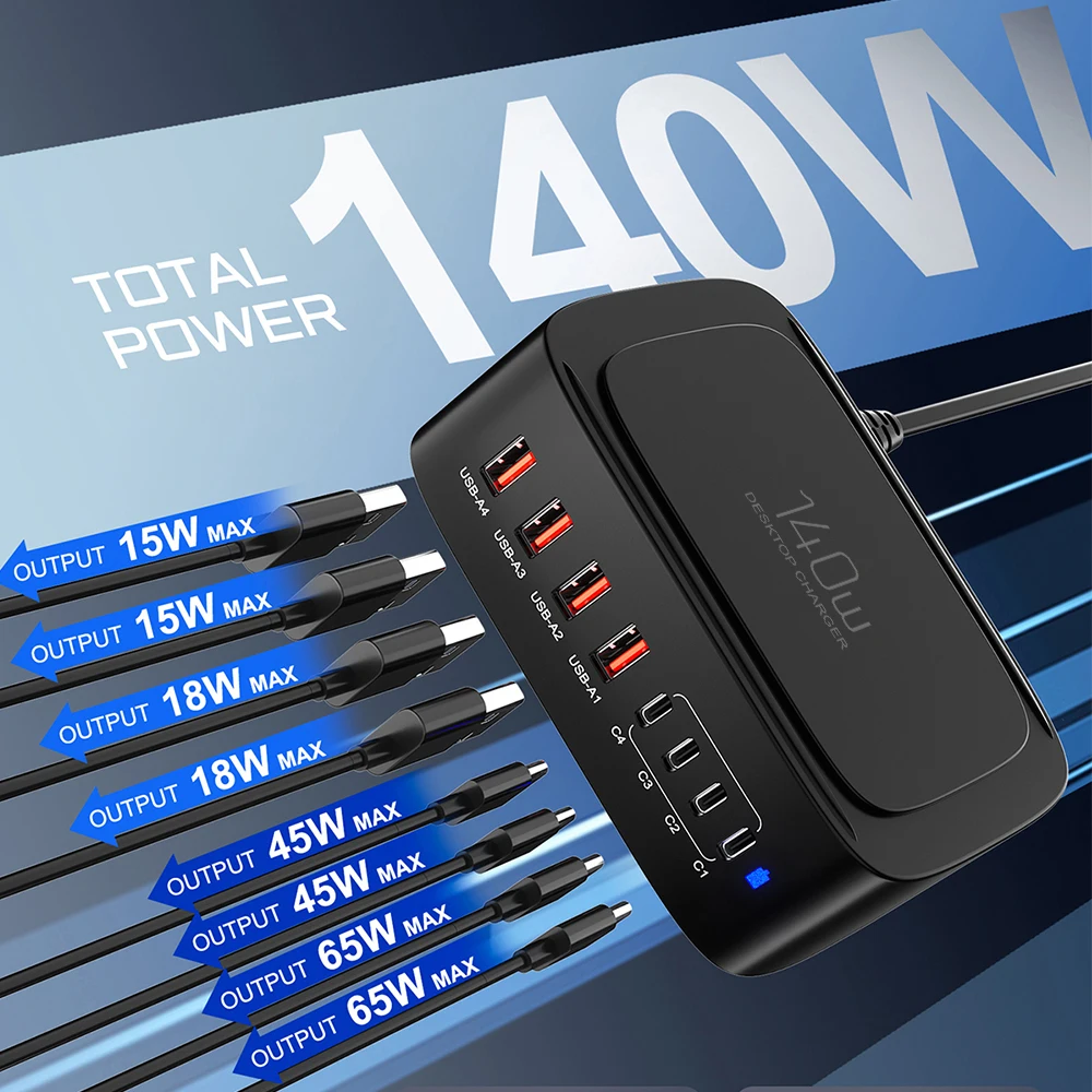 Station de Charge Rapide 8 Ports ILEPO 140W – USB-C PD 65W & QC3.0