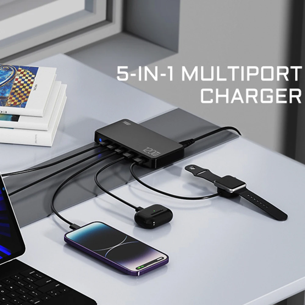 Chargeur GaN 120W 5 Ports USB-C & USB-A Charge Rapide PD3.0 QC3.0 Bureau