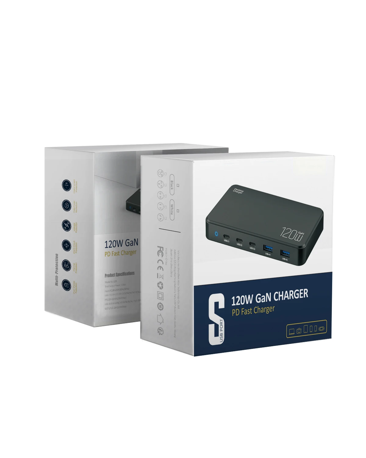 Chargeur GaN 120W 5 Ports USB-C & USB-A Charge Rapide PD3.0 QC3.0 Bureau