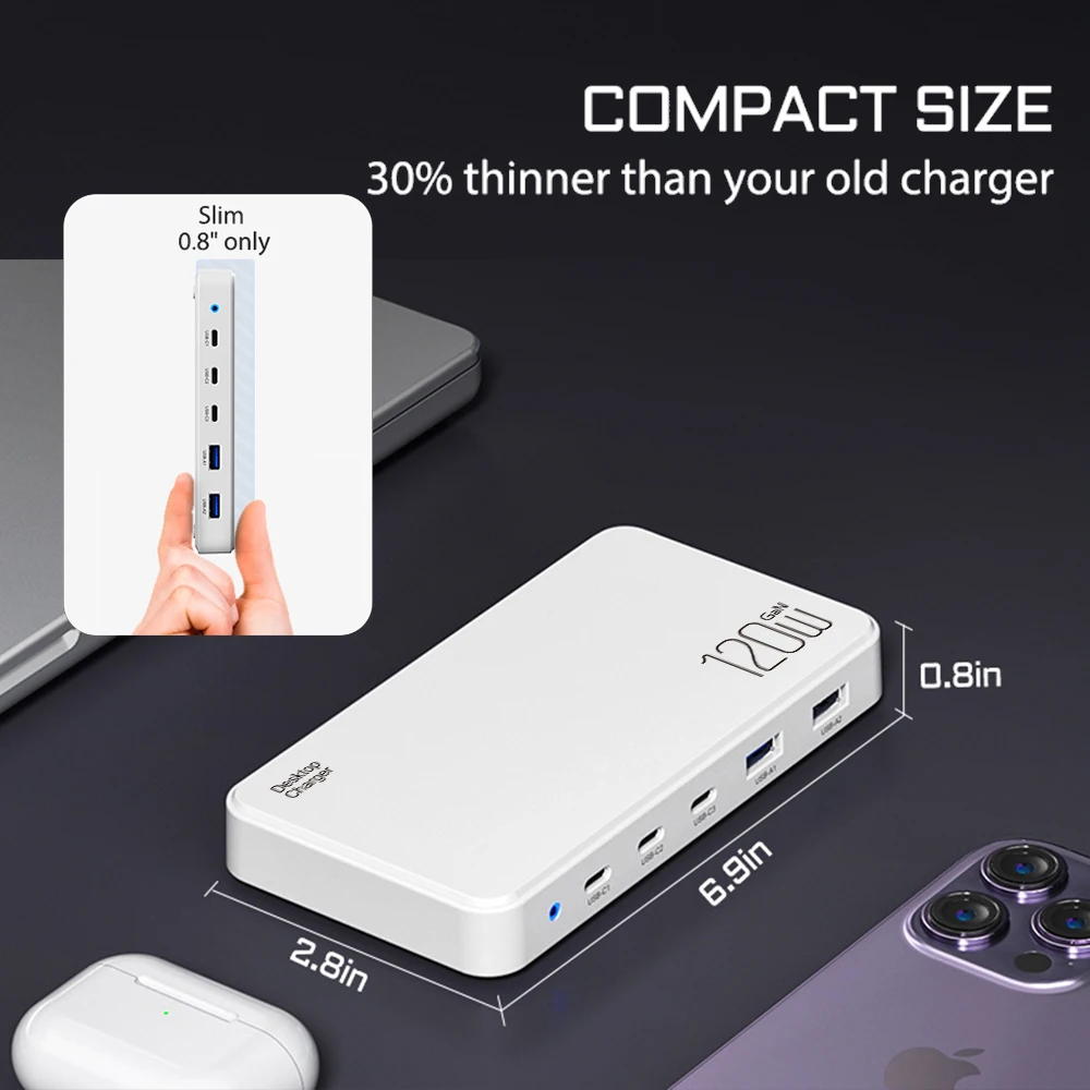 Chargeur GaN 120W 5 Ports USB-C & USB-A Charge Rapide PD3.0 QC3.0 Bureau