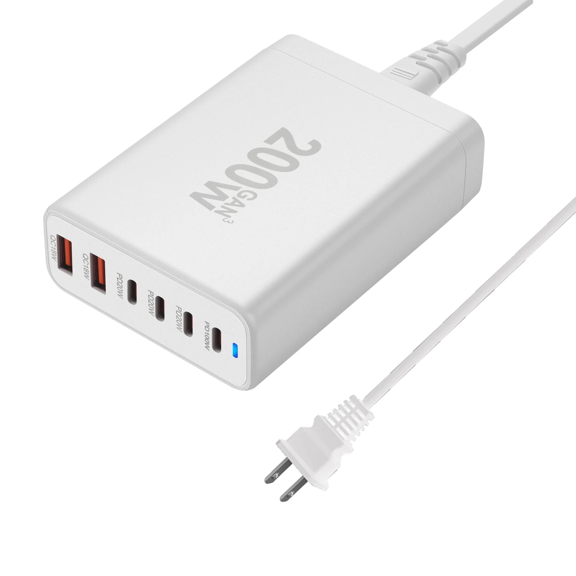 Station de Charge GaN 200W 6 Ports USB-C PD Chargeur Bureau Rapide Multiappareils